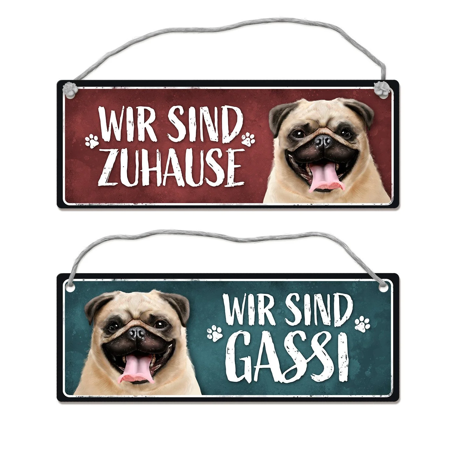Wendeschild „Wir sind Gassi / Wir sind Zuhause“ – Mops, 7,5 × 20 cm